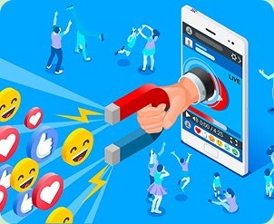 Ilustração de um megafone e interações nas redes sociais
